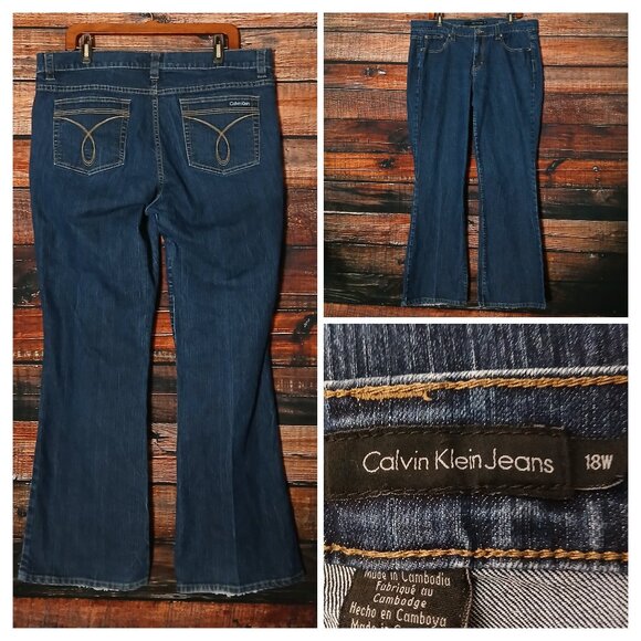Calvin Klein Jeans Plus Size 18 W Flare Leg Mid Rise Dark Blue Denim Stretch - Picture 1 of 10